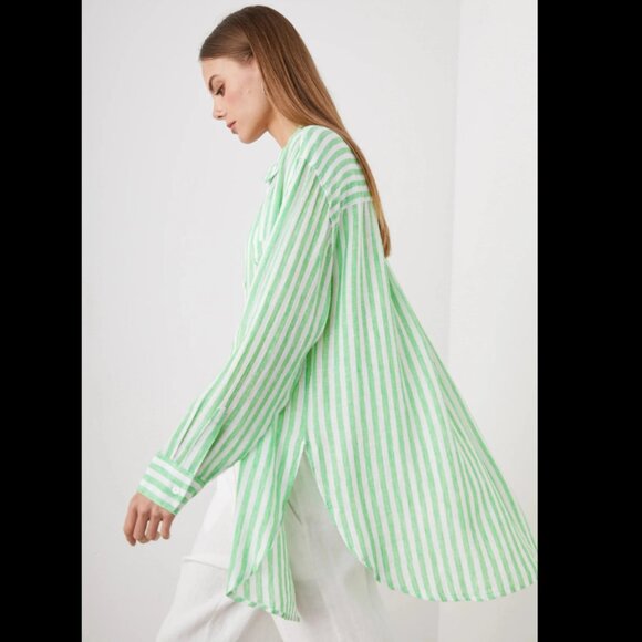 Rails Jaylin Cayman Green White Stripe Linen Blend Women's Button Shirt Large - Picture 3 of 9